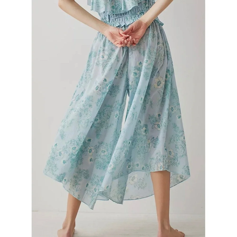 Intimately Free People Blue Floral Smocked Wide Leg Gauze Pants Medium